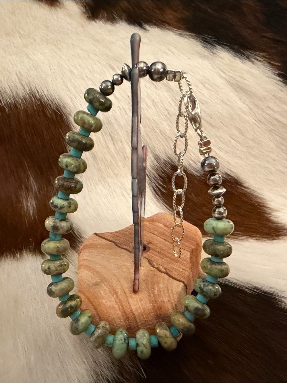 ❤️ 925 Green Cerrillos & Kingman Blue Turquoise Desert Pearl Bracelet 7+2”L